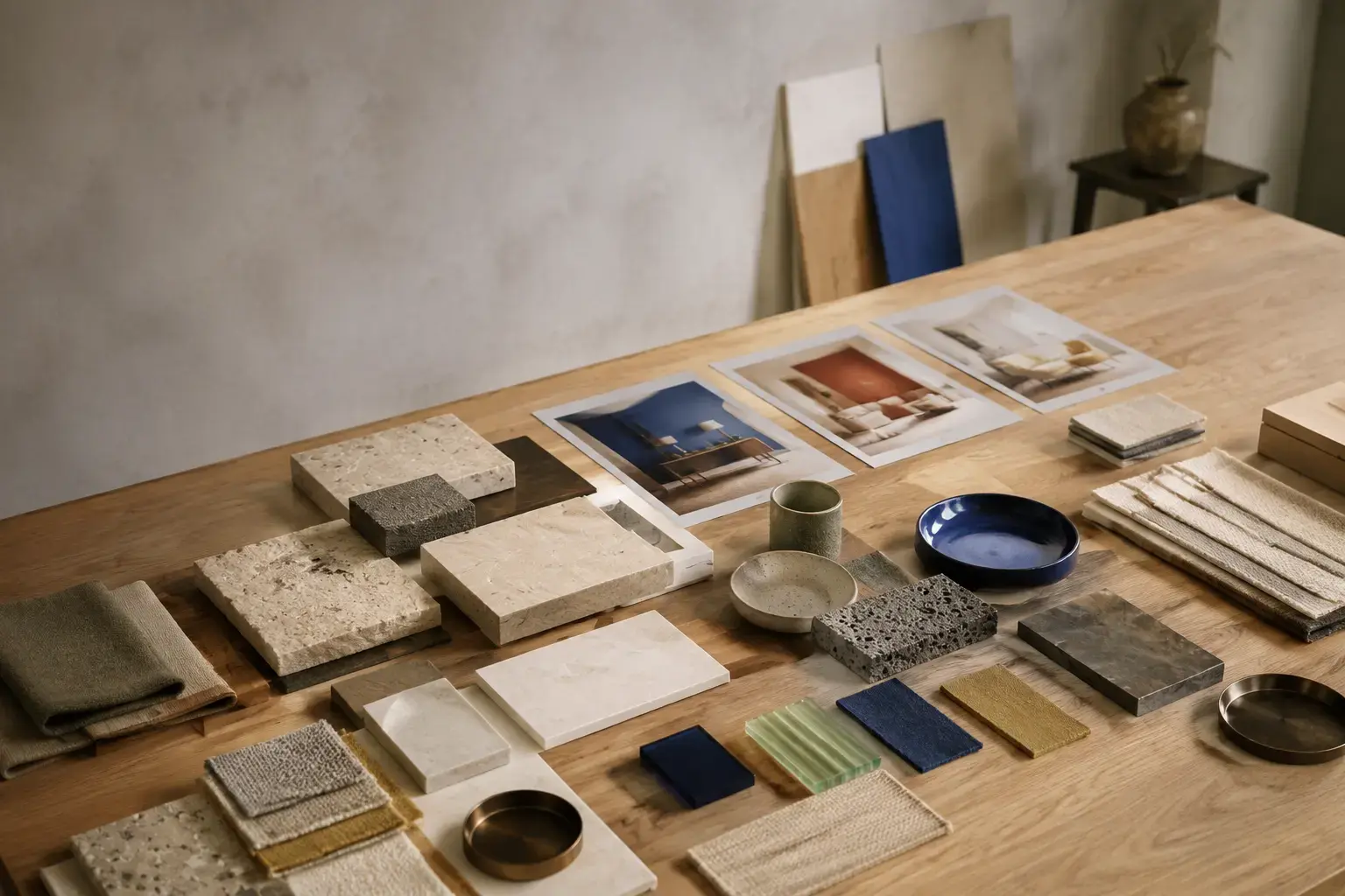 Une table de matériaux : pierres, tissus, planches de couleurs
